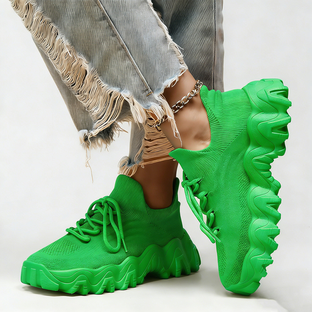Men's/Women's Green Chunky Sneakers. Breathable Knit Upper, Lace-Up Design, Thick Wavy Platform Sole, Casual Fashion Shoes for Street Style and Daily Wear. Non-Slip Sole for Stable Walking.