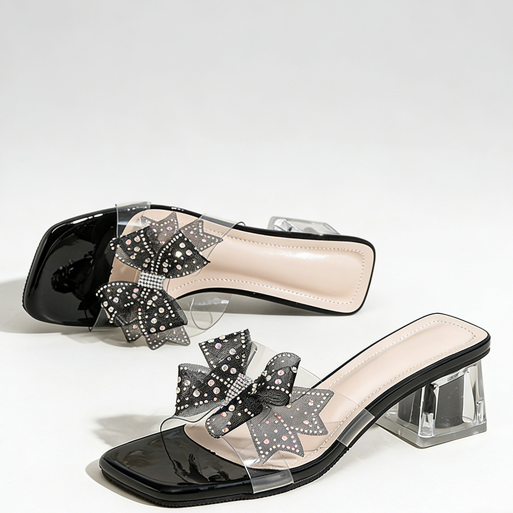 Women's Black Square Toe Mule Sandals. Clear Transparent Strap, Rhinestone Bow Decor, Clear Block Heel, Patent Leather Upper, Comfortable Insole, Versatile Dress Sandals for Evening Events, Parties and Daily Wear. Non-Slip Sole for Stable Walking.
