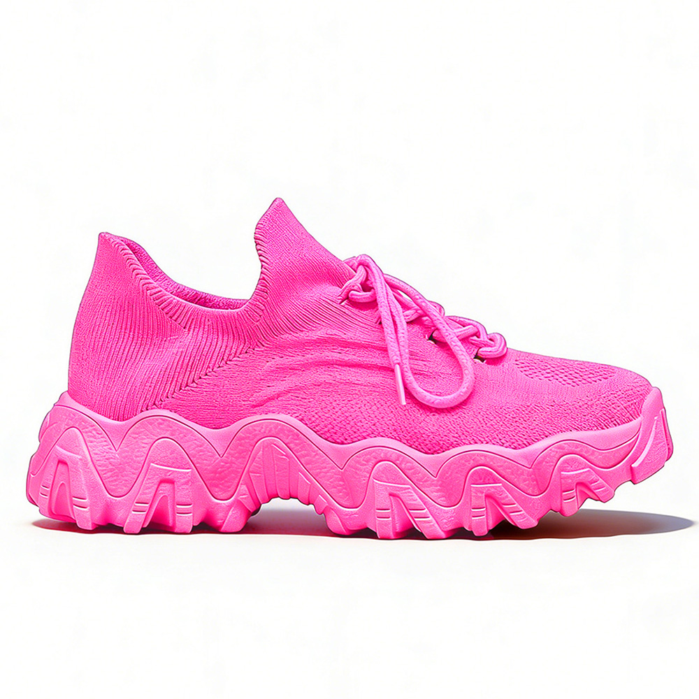 Women's Hot Pink Chunky Sneakers. Breathable Knit Upper, Lace-Up Design, Thick Wavy Platform Sole, Casual Fashion Shoes for Street Style and Daily Wear. Non-Slip Sole for Stable Walking.