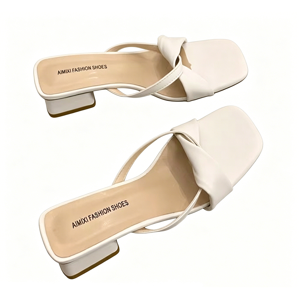 French Twisted Square‑Toe Block‑Heel Slides, One‑Strap Casual Sandals for Women's Outdoor Wear