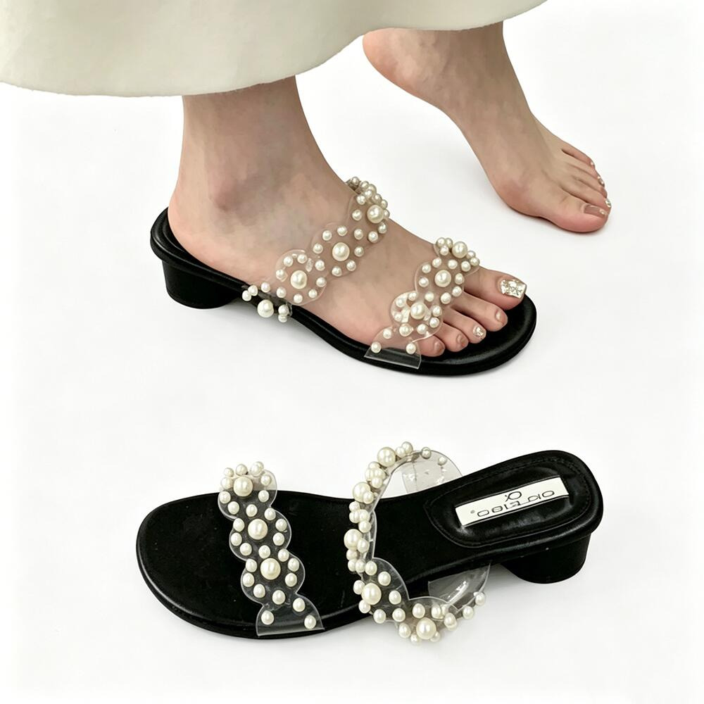 French Heavy‑Duty Pearl One‑Strap Slides, Square‑Toe Block‑Heel Sandals for Women's Outdoor Wear