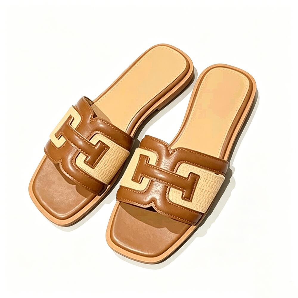 Vintage Woven H‑Shape One‑Strap Slides, Square‑Toe Flat Sandals for Women's Casual Outdoor Wear