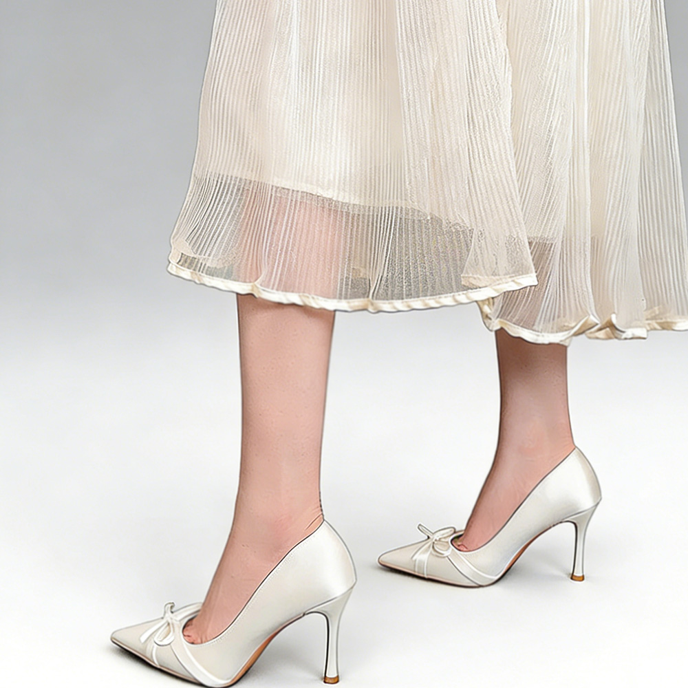 Women's Ivory Pointed Toe Kitten Heels. Satin Upper, Bow Decor, Low Stiletto Heel, Versatile Dress Shoes for Weddings, Bridal Events and Daily Wear. Non-Slip Sole for Stable Walking.