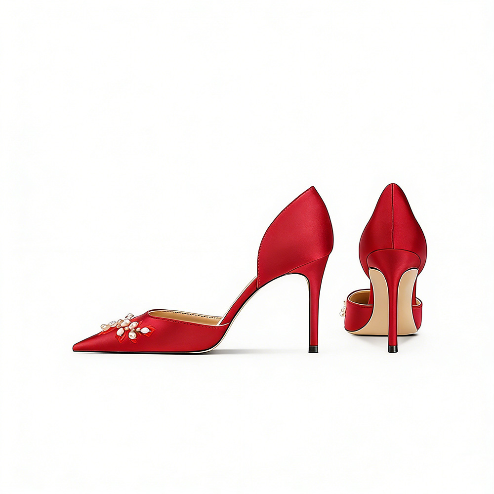 Women's Red D'Orsay Stiletto Pumps. Pointed Toe Design, Satin Upper, Pearl & Rhinestone Decor, High Stiletto Heel, Elegant Dress Shoes for Weddings, Evening Events and Parties. Non-Slip Sole for Stable Walking.