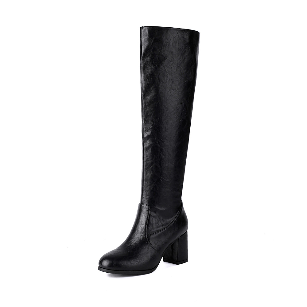 Women's Black Over-the-Knee Block Heel Boots. Round Toe Design, Premium Faux Leather Upper, Comfortable Medium Heel, Versatile Dress Boots for Office, Evening Events and Daily Wear. Non-Slip Sole for Stable Walking.
