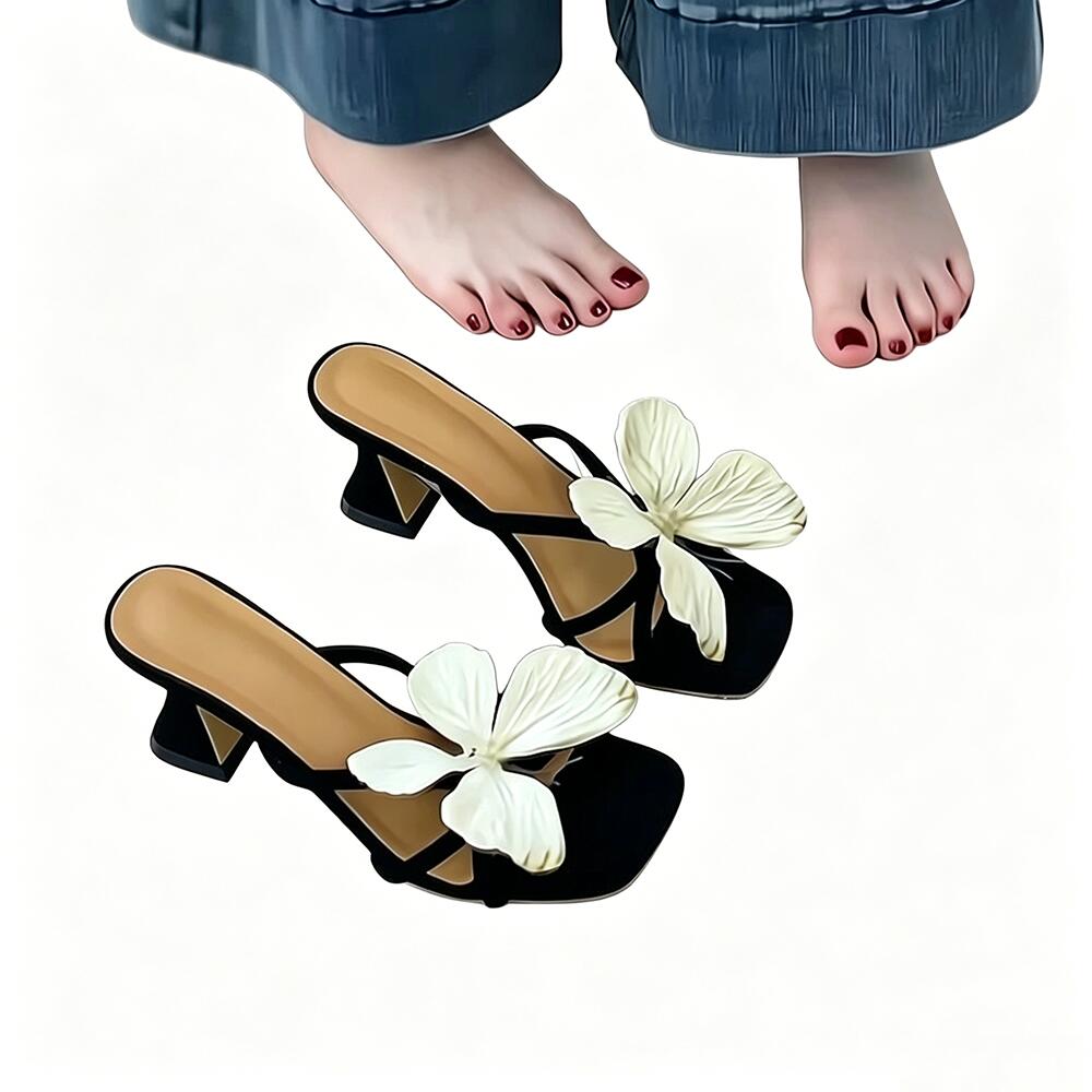 French 3D‑Big‑Butterfly Square‑Toe Slides, Black Thin‑Strap Flat Sandals for Vacation Wear