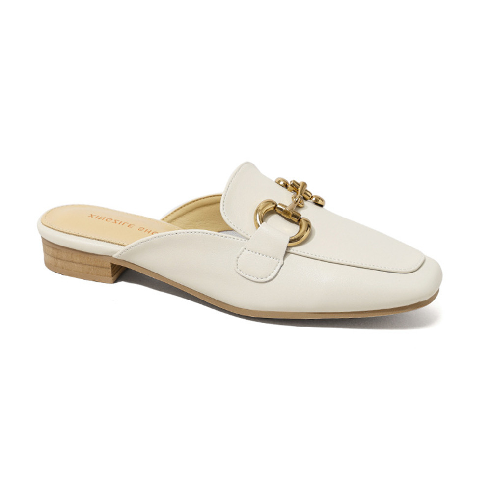 Women's White Backless Mules. Square Toe Design, Metal Horsebit Decor, 2.5cm Low Block Heel, Premium Faux Leather Upper, Comfortable Insole, Versatile Slip-On Shoes for Office, Daily Wear and Casual Outings. Non-Slip Sole for Stable Walking.