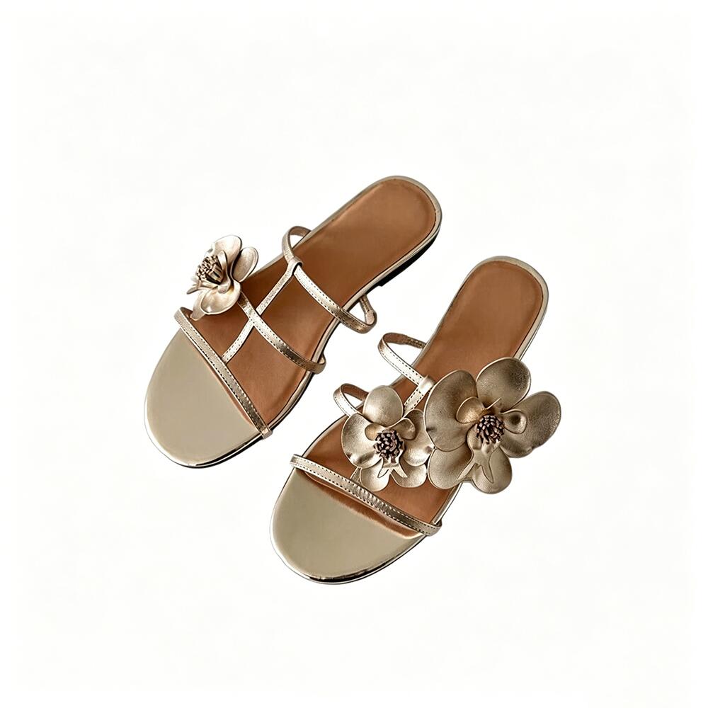 French 3D‑Floral One‑Strap Slides, Gold Square‑Toe Flat Sandals for Vacation & Elegant Wear