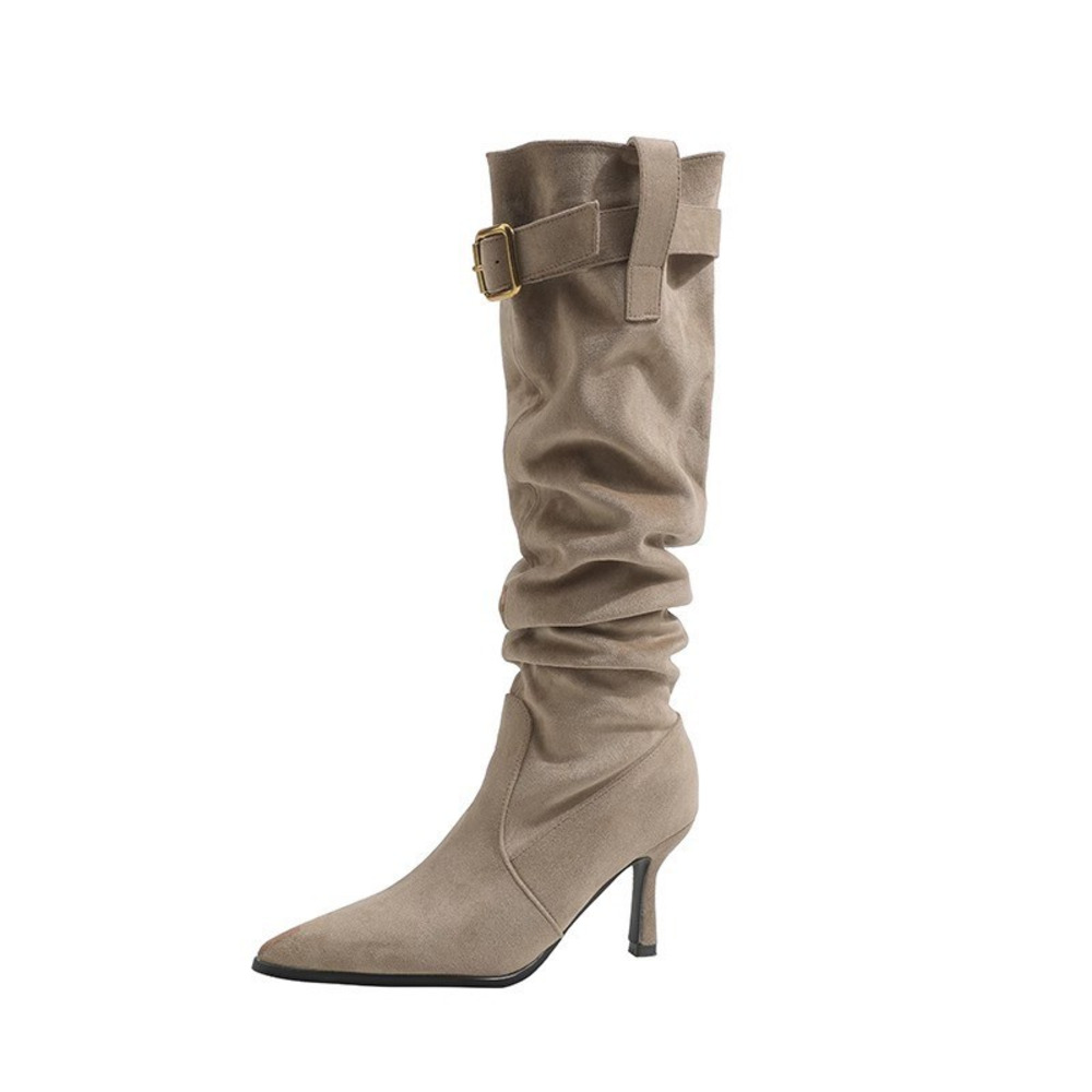 Western‑Style Slouchy Knee‑High Boots, Pointed‑Toe Stiletto Buckle Boots, Retro Suede Heel Boots