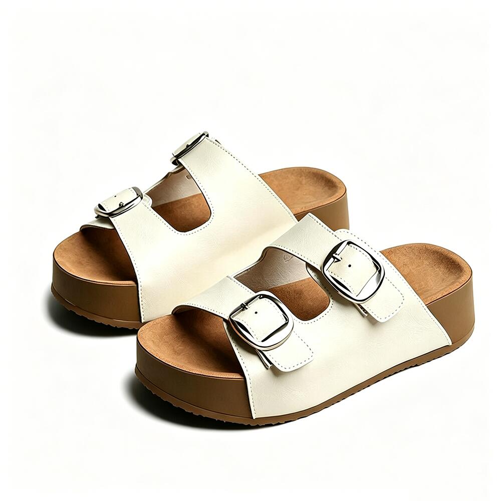 Vintage Double‑Buckle Platform Birken‑Style Slides, Adjustable Strap Casual Summer Outdoor Sandals