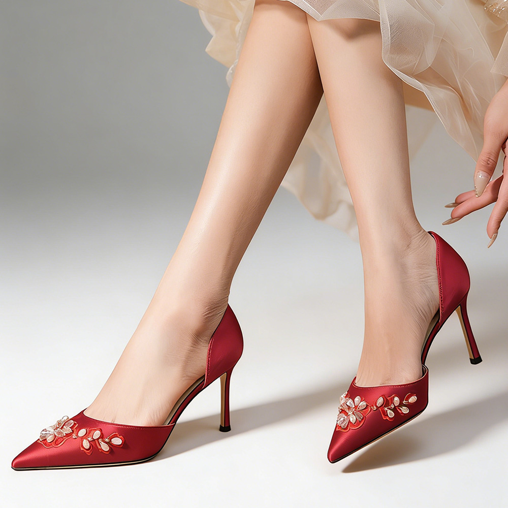 Women's Red D'Orsay Stiletto Pumps. Pointed Toe Design, Satin Upper, Pearl & Rhinestone Decor, High Stiletto Heel, Elegant Dress Shoes for Weddings, Evening Events and Parties. Non-Slip Sole for Stable Walking.