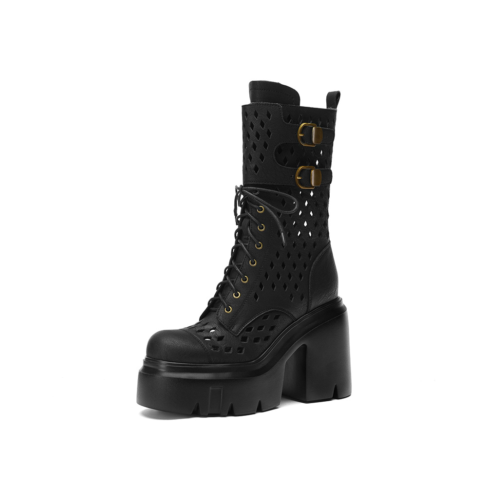 Women's Black Mid-Calf Platform Combat Boots. Perforated Cutout Design, Lace-Up & Dual Buckle Strap Decor, Chunky Block Heel, Smooth Leather Upper, Punk Style Boots for Daily Wear, Music Festivals and Street Fashion.