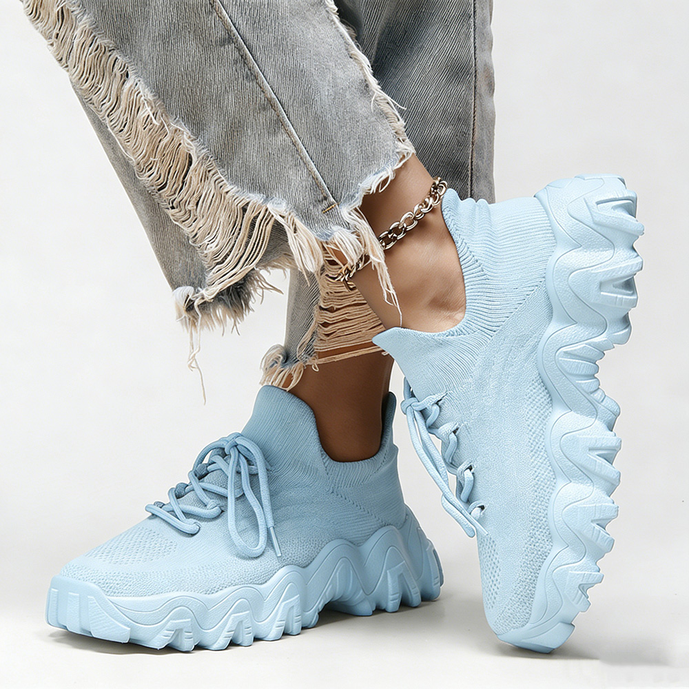 Women's Light Blue Chunky Sneakers. Breathable Knit Upper, Lace-Up Design, Thick Wavy Platform Sole, Casual Fashion Shoes for Street Style and Daily Wear. Non-Slip Sole for Stable Walking.