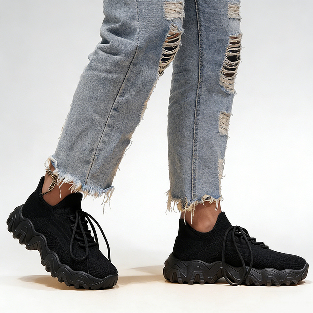 Men's/Women's Black Chunky Sneakers. Breathable Knit Upper, Lace-Up Design, Thick Wavy Platform Sole, Casual Fashion Shoes for Street Style and Daily Wear. Non-Slip Sole for Stable Walking.