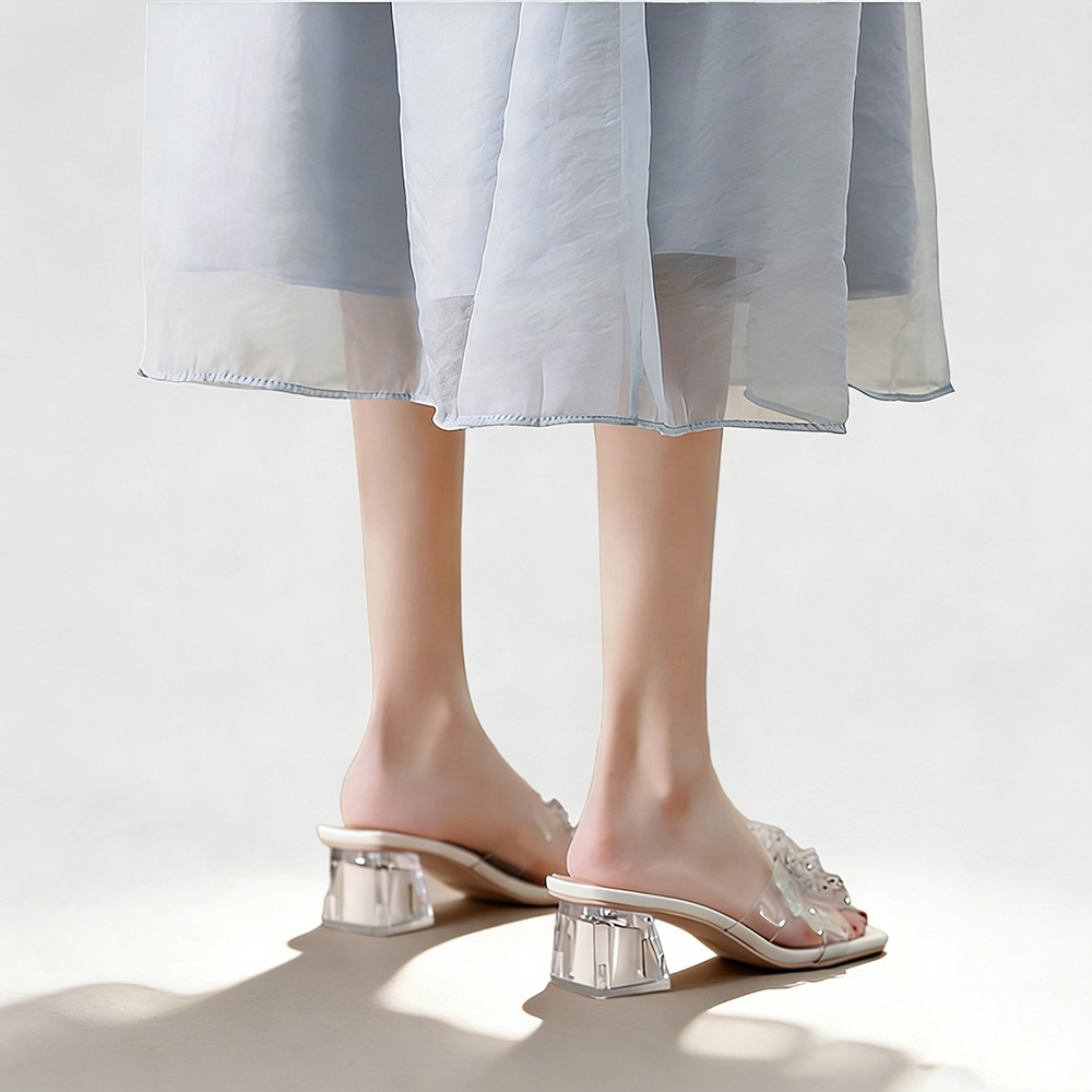 Rhinestone Bow Clear Block Heel Slide Sandals