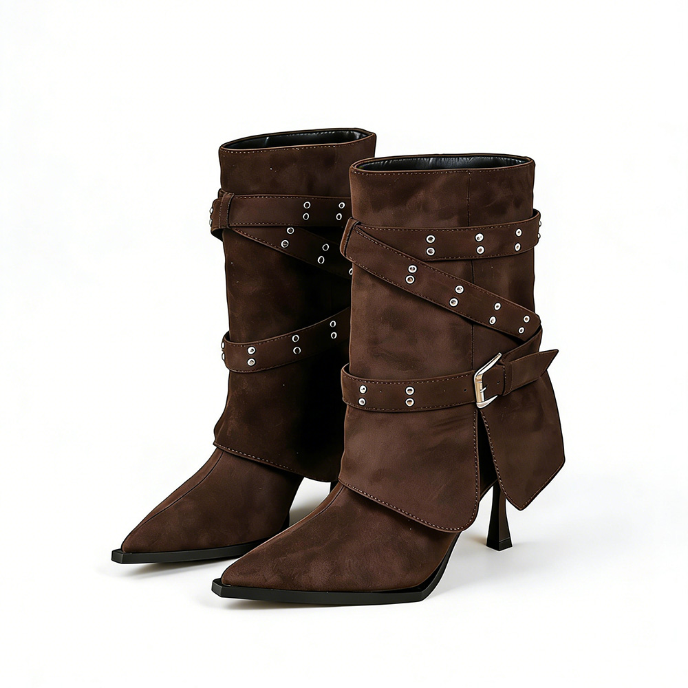 Women's Brown Mid-Calf Foldover Boots. Pointed Toe Design, Suede Upper, Studded & Buckle Strap Decor, Slender Stiletto Heel, Versatile Western Style Boots for Daily Wear and Street Fashion. Non-Slip Sole for Stable Walking.