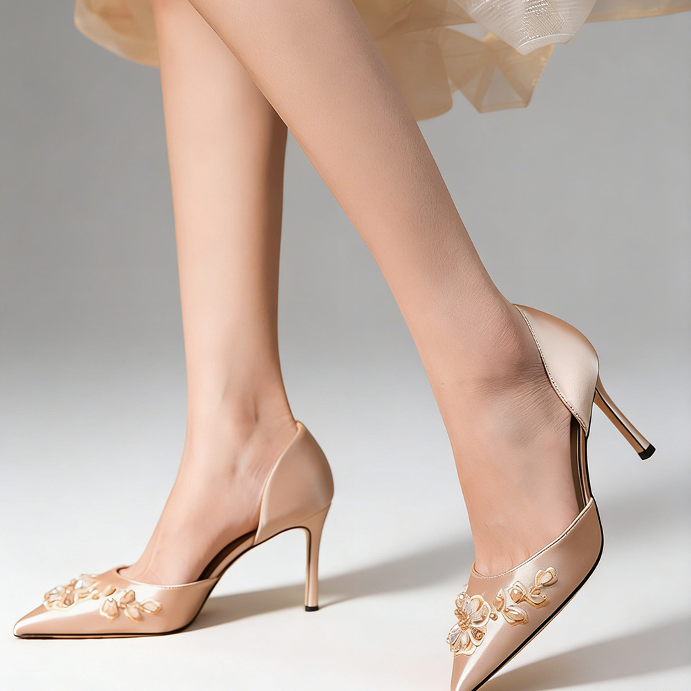 Women's Champagne D'Orsay Stiletto Pumps. Pointed Toe Design, Satin Upper, Floral Pearl & Crystal Decor, High Stiletto Heel, Elegant Dress Shoes for Weddings, Evening Events and Parties. Non-Slip Sole for Stable Walking.
