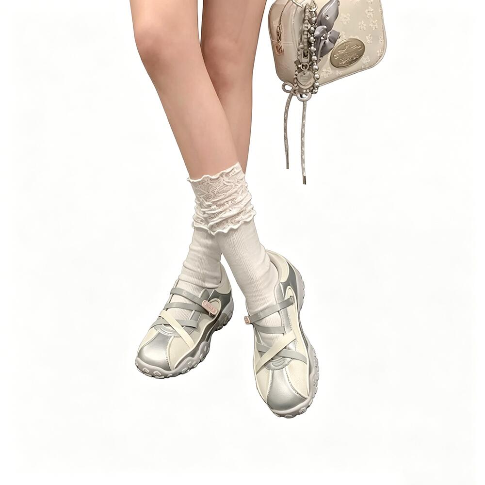 Silver Functional Cross‑Strap Trainers, Outdoor Hiking Casual Shoes, Retro Ballet‑Style Mary Jane Sneakers