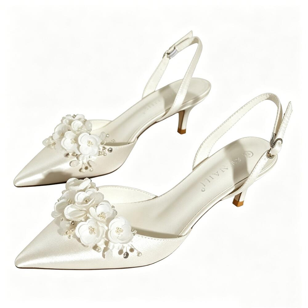French Satin 3D Floral Stiletto Heels, Pointed‑Toe Back‑Strap Sandals for Bridal Wedding