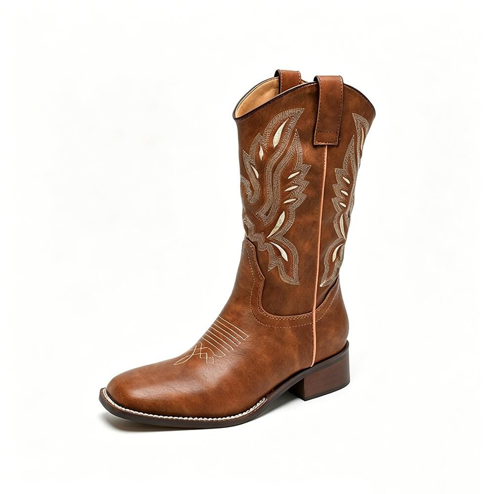 American Western‑Style Embroidered Cowboy Boots, Retro Square‑Toe Block‑Heel Mid‑Calf Boots