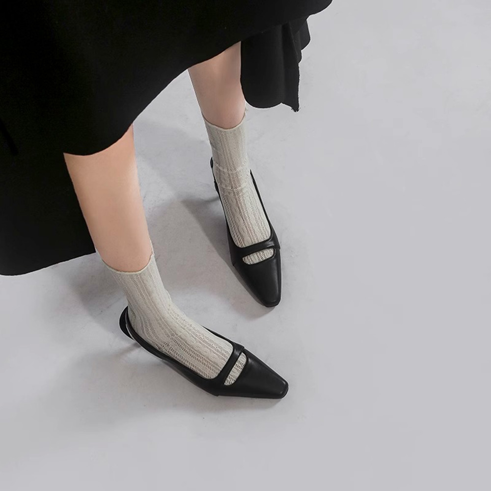 Women's Black Slingback Kitten Heels. Square Toe Design, Smooth Leather Upper, Low Kitten Heel, Minimalist Two-Strap Detail, Versatile Dress Shoes for Office, Evening Events and Daily Wear.