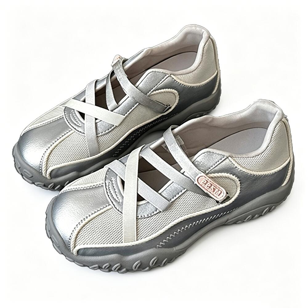 Silver Functional Cross‑Strap Trainers, Outdoor Hiking Casual Shoes, Retro Ballet‑Style Mary Jane Sneakers