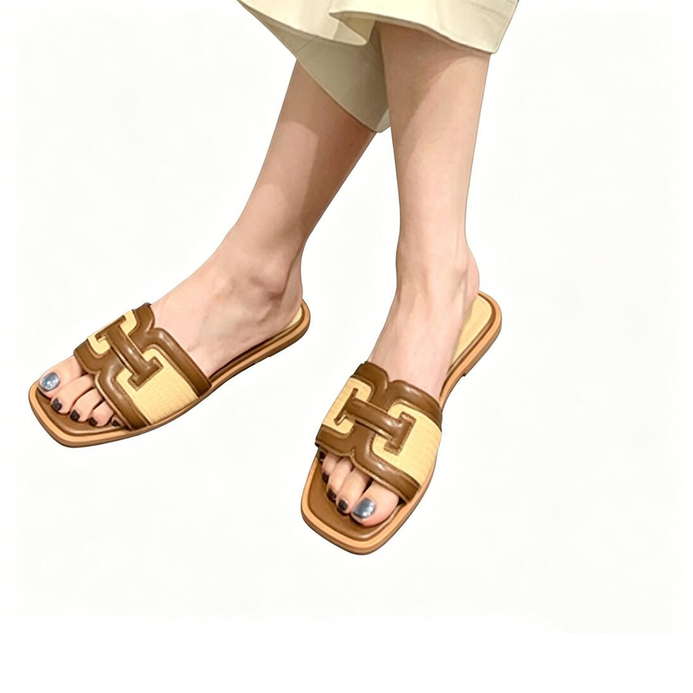 Vintage Woven H‑Shape One‑Strap Slides, Square‑Toe Flat Sandals for Women's Casual Outdoor Wear