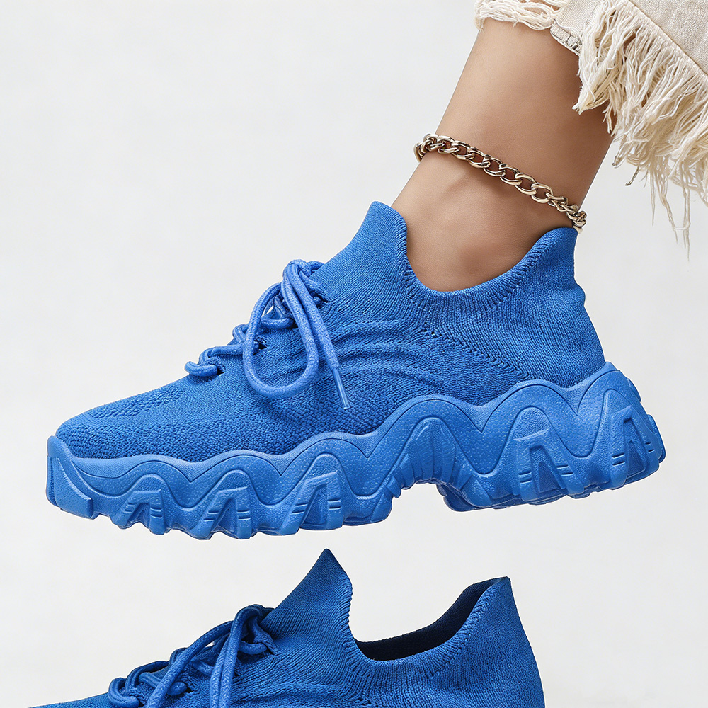 Men's/Women's Royal Blue Chunky Sneakers. Breathable Knit Upper, Lace-Up Design, Thick Wavy Platform Sole, Casual Fashion Shoes for Street Style and Daily Wear. Non-Slip Sole for Stable Walking.