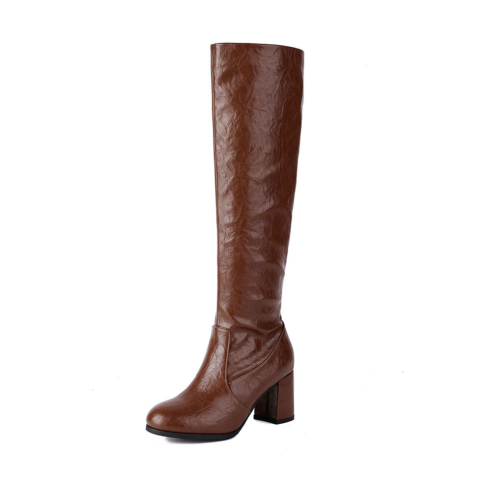 Women's Brown Knee-High Block Heel Boots. Round Toe Design, Premium Textured Faux Leather Upper, Comfortable Medium Heel, Versatile Dress Boots for Office, Evening Events and Daily Wear. Non-Slip Sole for Stable Walking.