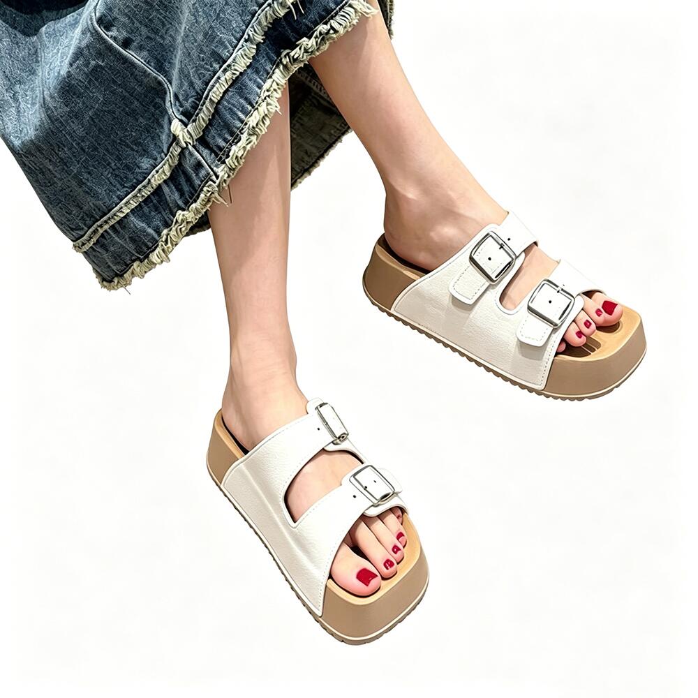 Vintage Double‑Buckle Platform Birken‑Style Slides, Adjustable Strap Casual Summer Outdoor Sandals