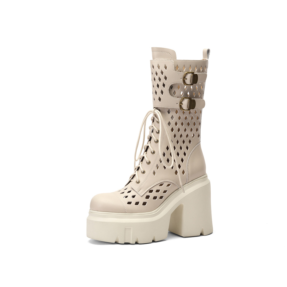 Women's Off-White Mid-Calf Platform Combat Boots. Perforated Cutout Design, Lace-Up & Buckle Strap Decor, Thick Chunky Block Heel, Smooth Leather Upper, Comfortable Insole, Versatile Punk Style Boots for Daily Wear and Street Fashion.
