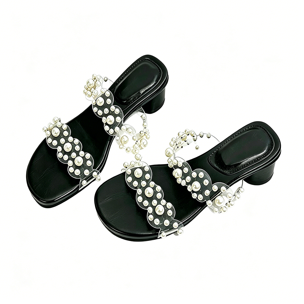 French Heavy‑Duty Pearl One‑Strap Slides, Square‑Toe Block‑Heel Sandals for Women's Outdoor Wear