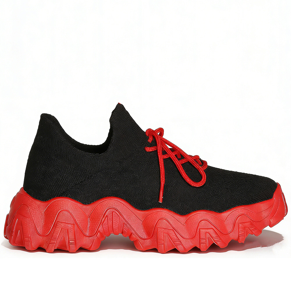 Men's/Women's Black & Red Chunky Sneakers. Breathable Knit Upper, Red Lace-Up Design, Thick Wavy Platform Sole, Casual Fashion Shoes for Street Style and Daily Wear. Non-Slip Sole for Stable Walking.