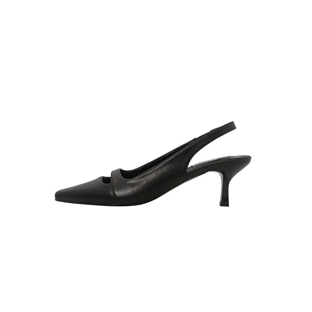 Women's Black Slingback Kitten Heels. Square Toe Design, Smooth Leather Upper, Low Kitten Heel, Minimalist Two-Strap Detail, Versatile Dress Shoes for Office, Evening Events and Daily Wear.