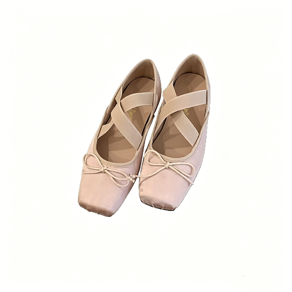 French Cross‑Elastic Strap Ballet‑Style Flats, Square‑Toe Bow Pumps for Gentle Commute Wear
