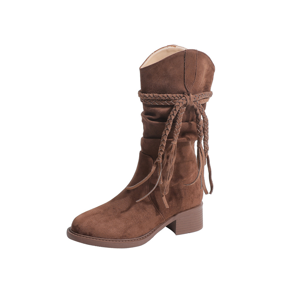 Women's Brown Mid-Calf Fringe Boots. Braided Tassel Decor, Suede Upper, Low Block Heel, Slouchy Silhouette, Comfortable Insole, Versatile Western Style Boots for Daily Wear and Casual Outings. Non-Slip Sole for Stable Walking.