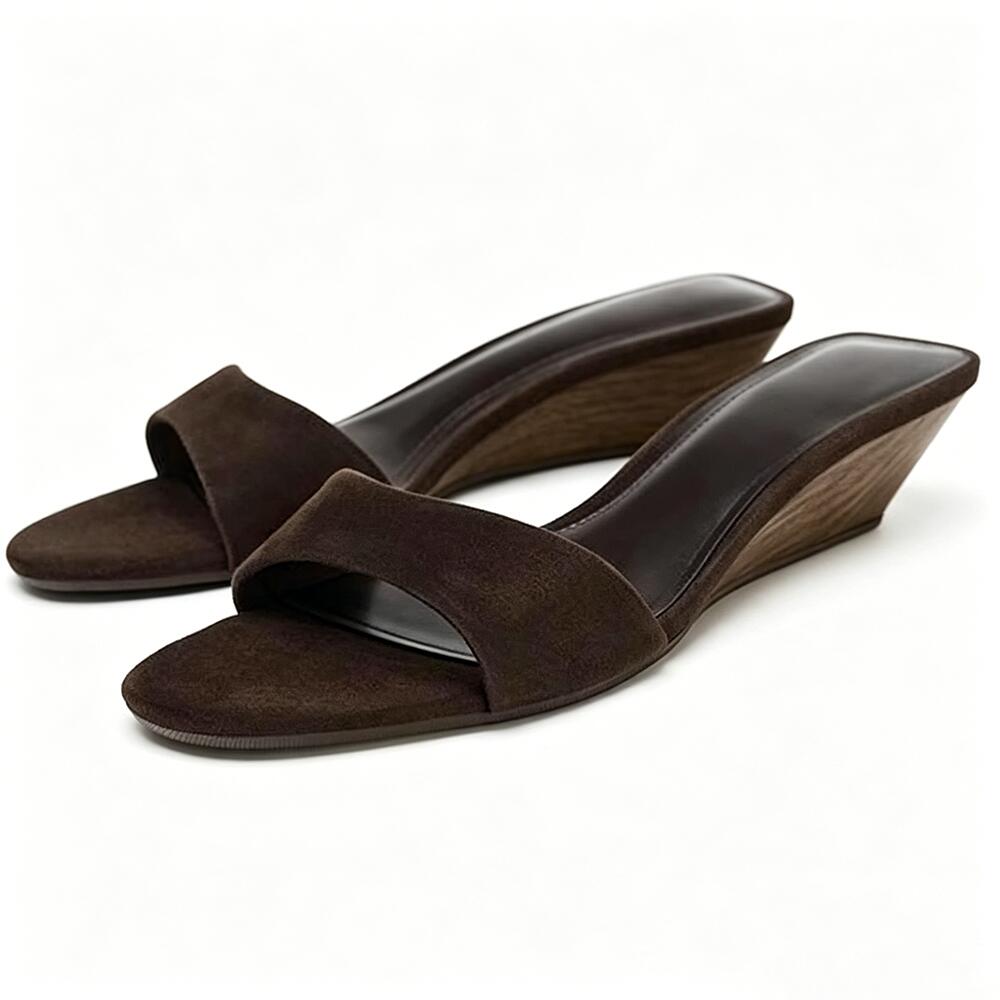 French Retro Dark Brown Suede Wedge Sandals, Elegant Casual Square Toe Mules