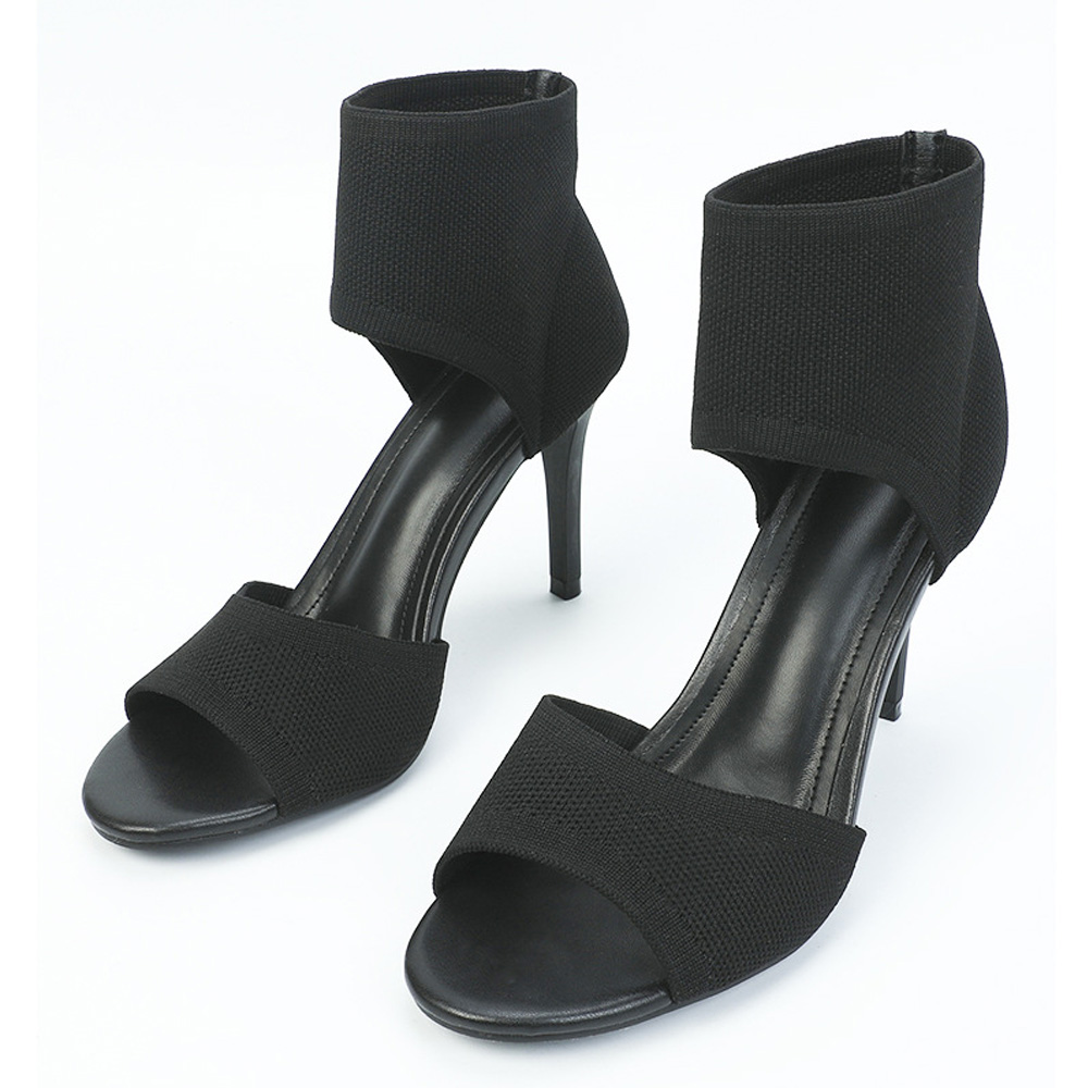 Women's Black Open-Toe Stiletto Sandals. Knit Ankle Cuff Design, Stretch Fabric Upper, Slim Stiletto Heel, Versatile Dress Sandals for Office, Evening Events and Daily Wear. Non-Slip Sole for Stable Walking.