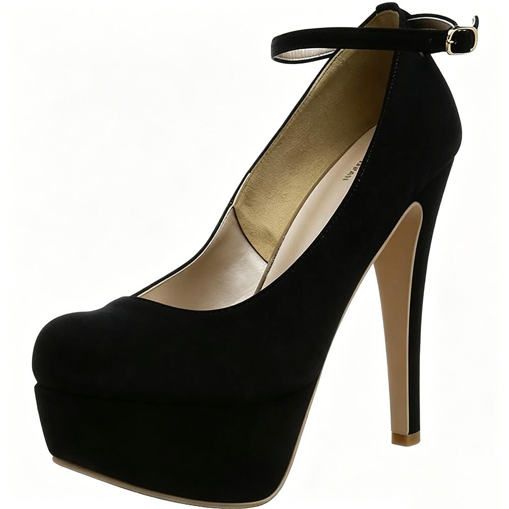 Black and red  Suede Platform High‑Heel Pumps, Round‑Toe Ankle‑Strap Stilettos for Club & Party Wear