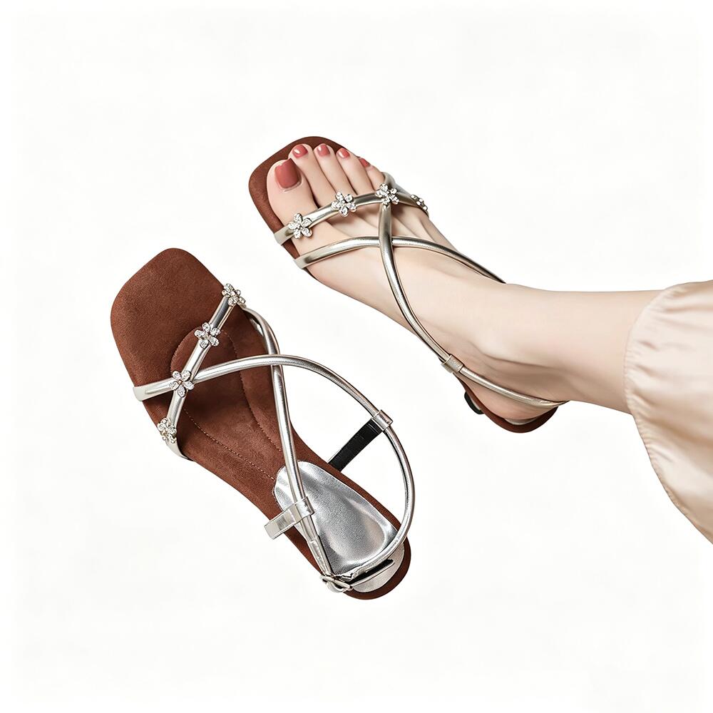 French Silver Cross‑Strap Rhinestone Heels, Square‑Toe Block‑Heel Sandals for Elegant Party Wear