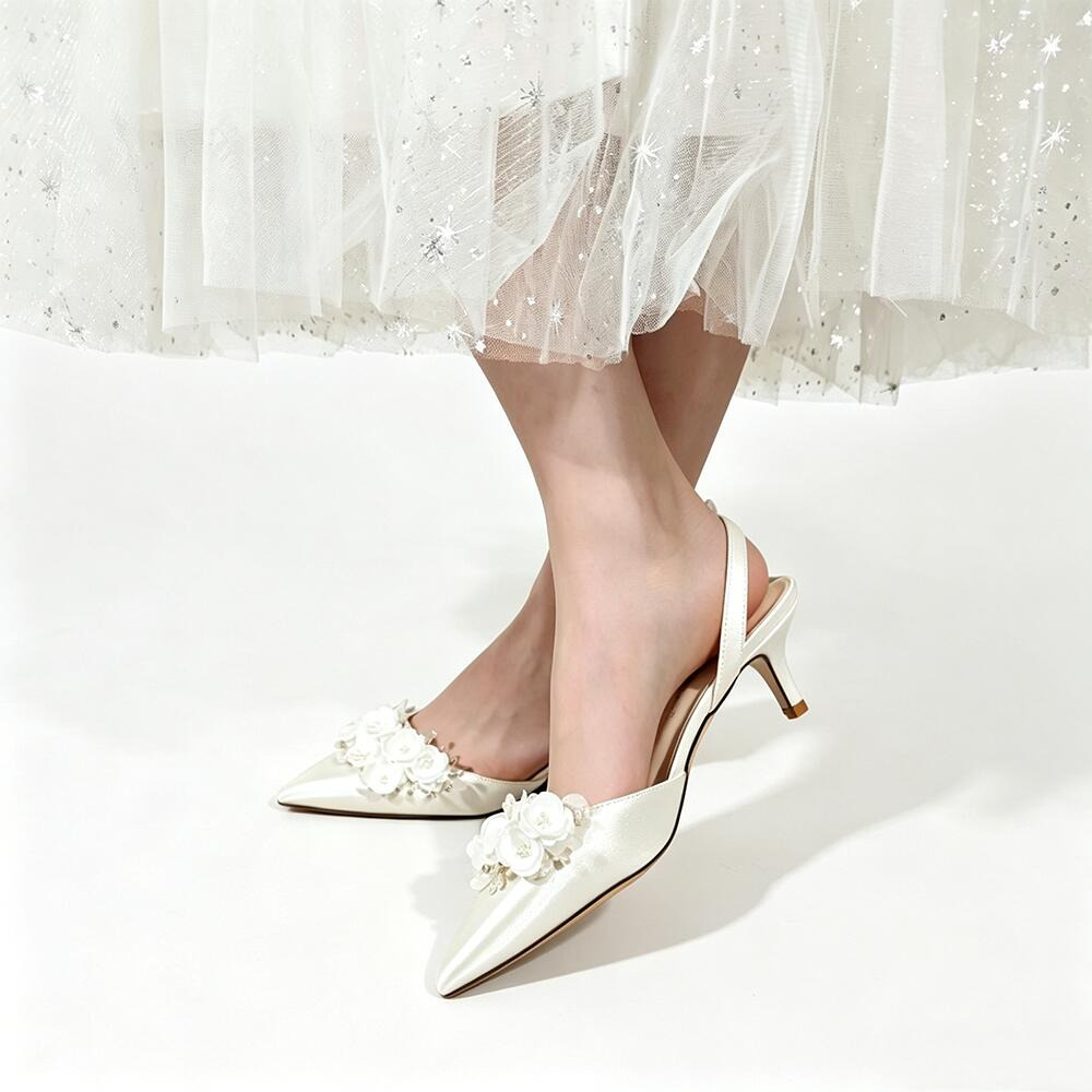 French Satin 3D Floral Stiletto Heels, Pointed‑Toe Back‑Strap Sandals for Bridal Wedding