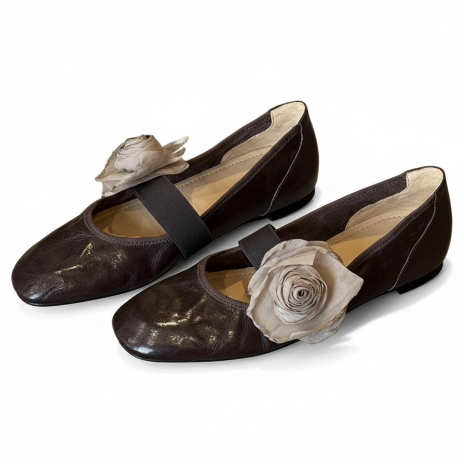 Women's Brown Leather Mary Jane Flats. Fabric Rose Detail, Elastic Strap, Elegant Ballerina Shoes for Casual Wear.
