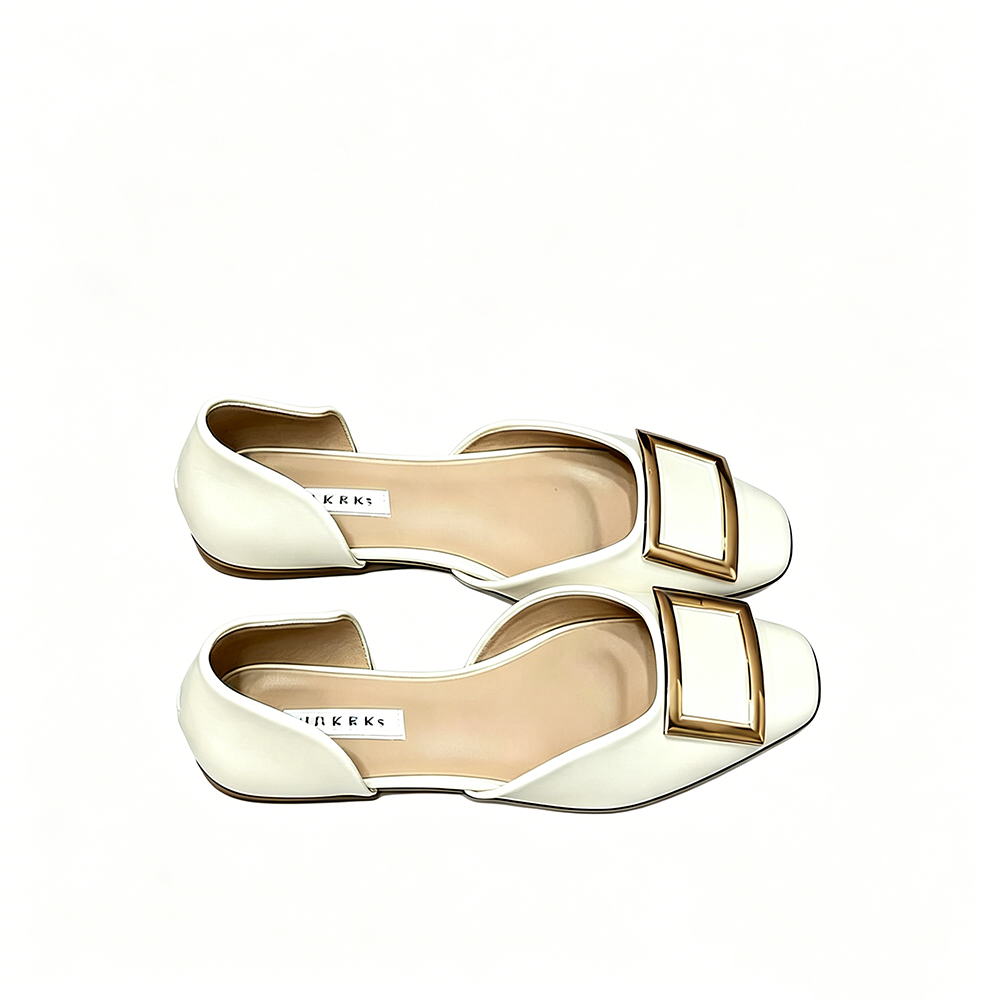 French Metal Square Buckle Hollow Flat Shoes, Elegant Square Toe Slip‑on Commuter Women's Shoes