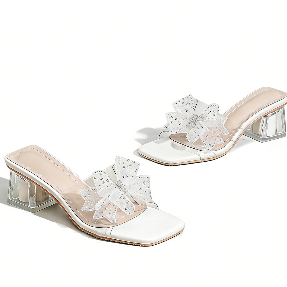 Women's White Square Toe Mule Sandals Clear Transparent Strap, Lace Rhinestone Bow Decor, Clear Block Heel, Patent Leather Upper, Comfortable Insole, Versatile Dress Sandals for Evening Events, Parties and Daily Wear.