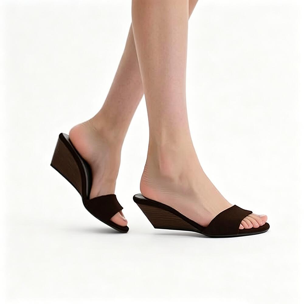 French Retro Dark Brown Suede Wedge Sandals, Elegant Casual Square Toe Mules