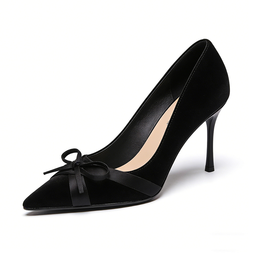 Women's Black Pointed Toe Stiletto Pumps. Velvet Upper, Satin Bow Decor, High Stiletto Heel, Versatile Dress Shoes for Evening Events, Parties and Office Wear. Non-Slip Sole for Stable Walking.