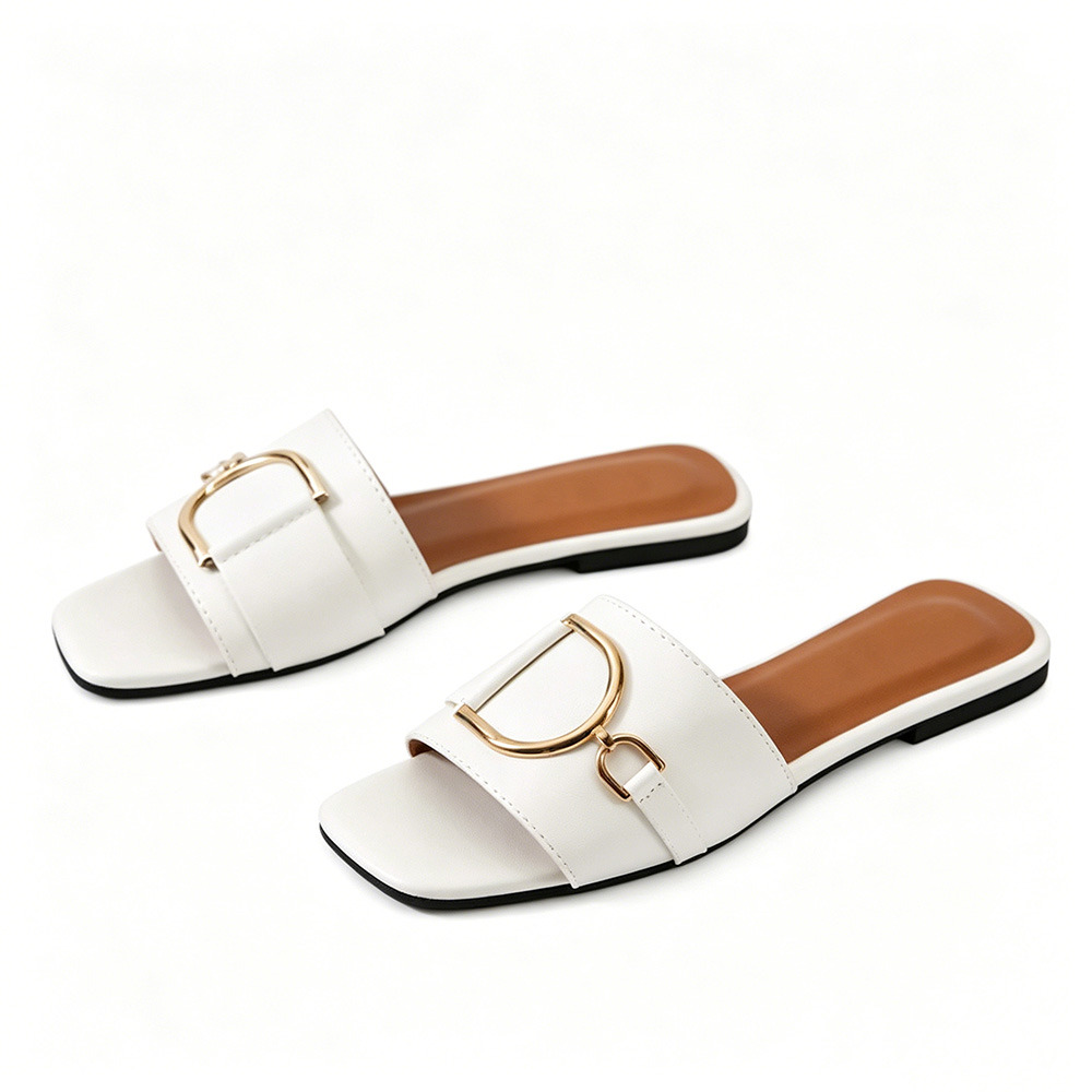 Women's Flat Slide Sandals, Square Open Toe Slip-On Slippers with Metal Buckle, Casual Summer Sandals, Non-Slip Flat Slide Shoes for Daily Wear, Beach, Outdoor, Vacation