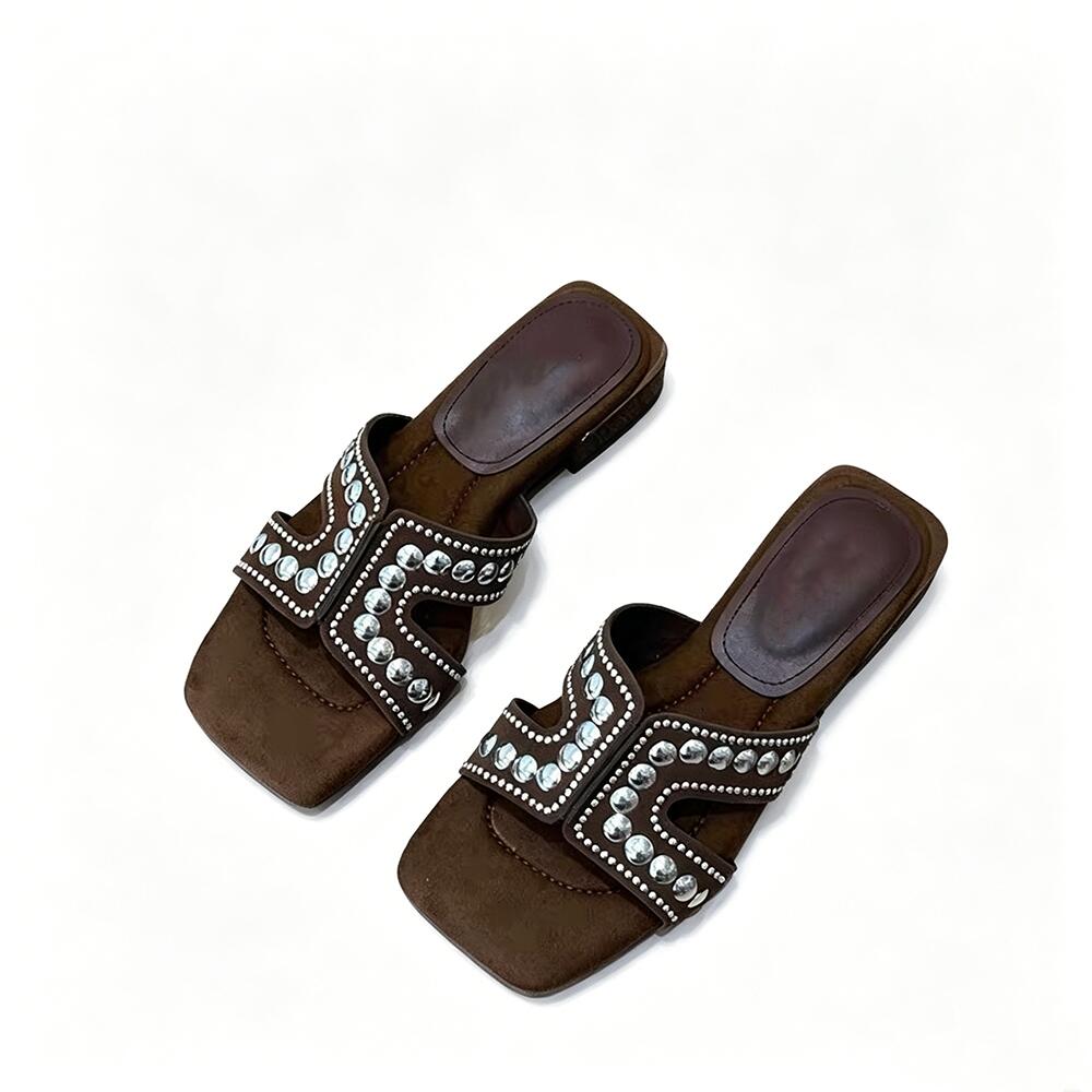 Western‑Style Rivet Rhinestone Square‑Toe Slides, Retro Brown Suede Flat Sandals for Y2K Outfits