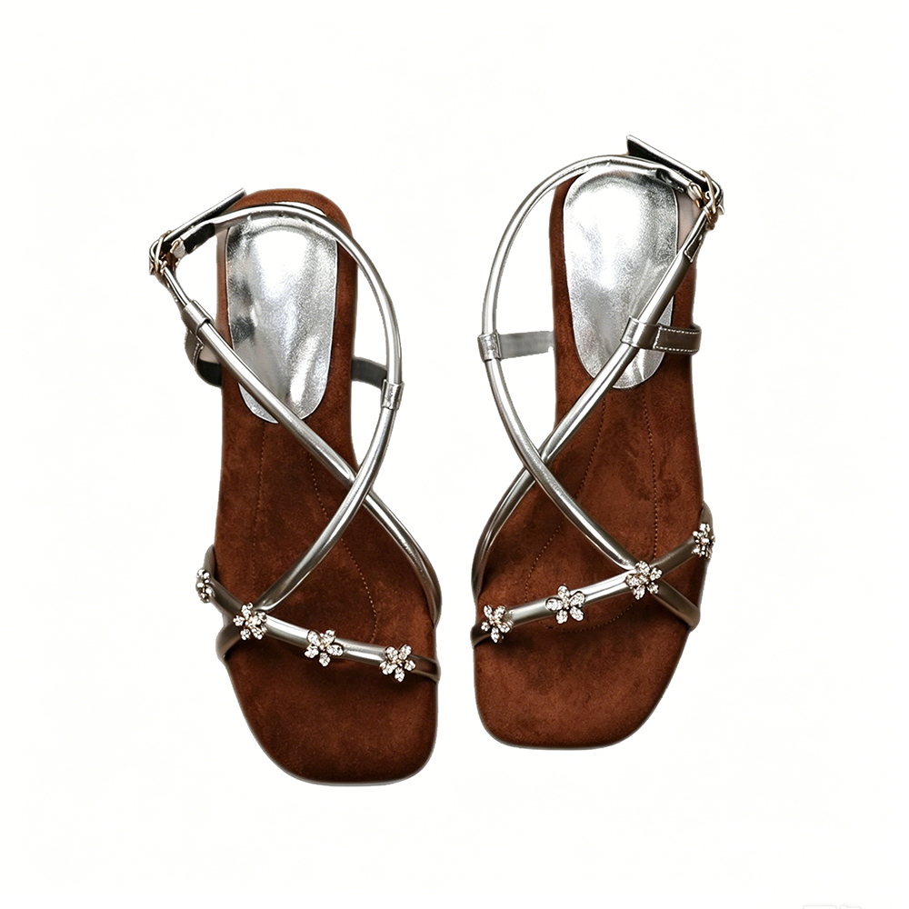 French Silver Cross‑Strap Rhinestone Heels, Square‑Toe Block‑Heel Sandals for Elegant Party Wear