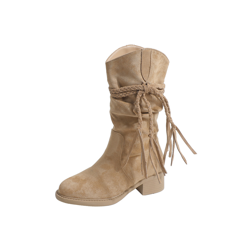 Women's Beige Mid-Calf Fringe Boots. Braided Tassel Decor, Suede Upper, Low Block Heel, Slouchy Silhouette, Comfortable Insole, Versatile Western Style Boots for Daily Wear and Casual Outings. Non-Slip Sole for Stable Walking.